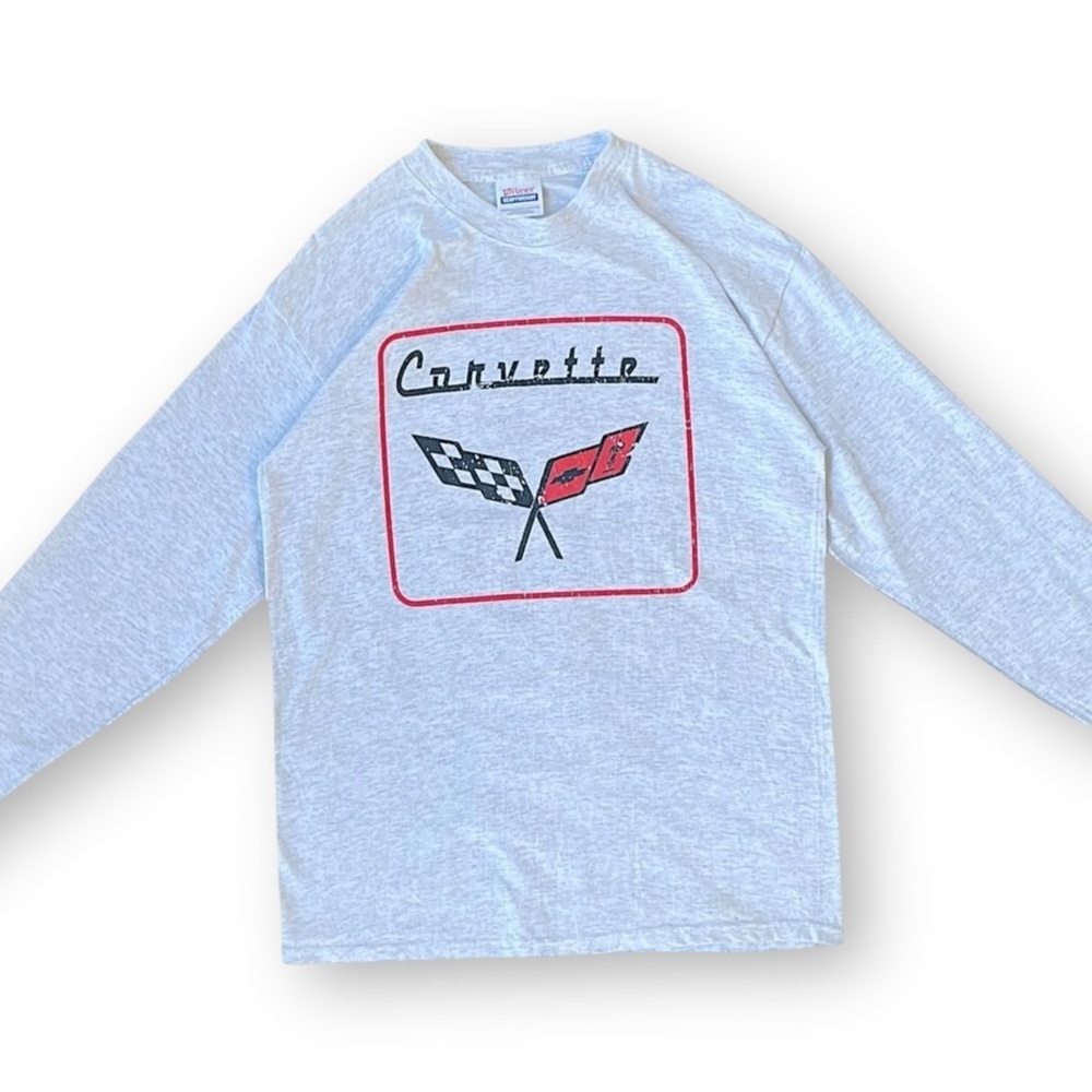 Vintage Light Gray Corvette Long Sleeve Tee with Red & Black Graphic